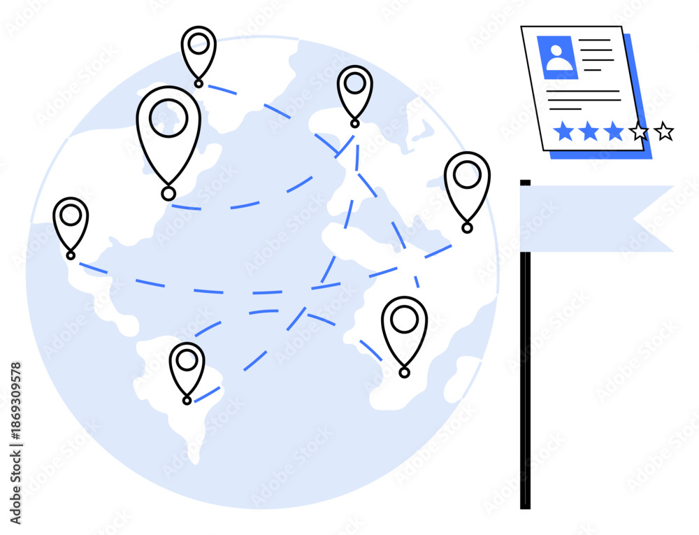 Obraz premium Earth with location markers connected by blue lines, a profile card for user rating. Ideal for business, recruitment, travel, online interaction, connection, globalization, simple flat metaphor
