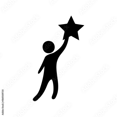 Simple stylized silhouette of a person reaching for a star in black