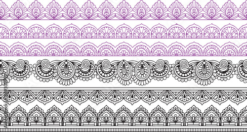 Multiple horizontal seamless border patterns showcasing intricate traditional mehndi henna designs