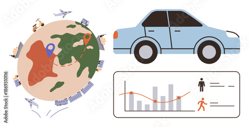 Transportation systems, logistics, sustainability, global travel, data insights, business strategy. Earth with location pins, vehicles and charts. Transportation systems and logistics