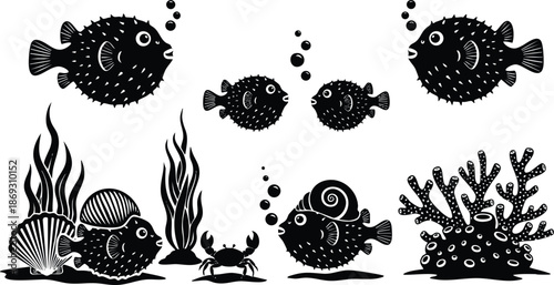 Black silhouette vector art of puffer fish blowing bubbles with crab seaweed shells coral underwater marine life ocean theme isolated on white background