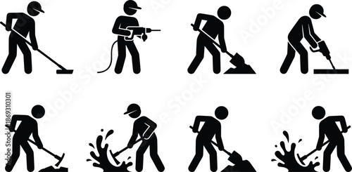 Construction worker silhouette icon set showing laborers digging, drilling and breaking ground with tools isolated on white background vector illustration