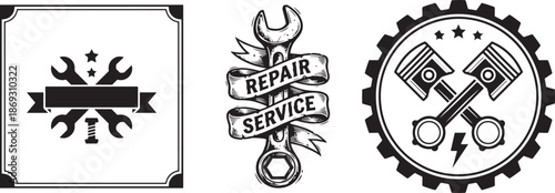 Three distinct black and white emblems symbolizing mechanical repair and automotive service industries