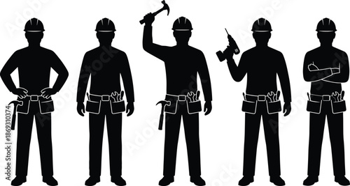Construction worker silhouette set showing builders holding tools in different poses isolated on white background vector illustration