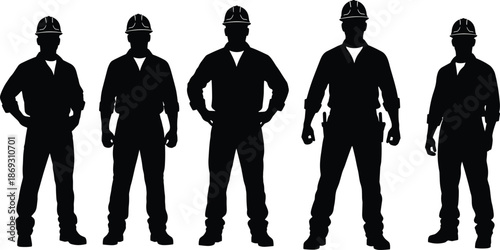Construction worker silhouette set showing five builders standing confidently in safety helmets and work uniforms isolated on white background vector illustration