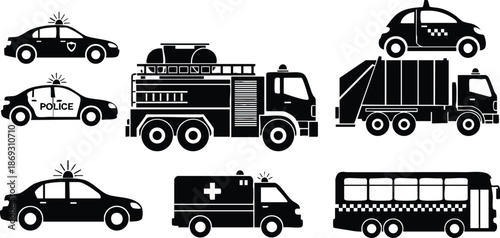 Silhouette vector set showing emergency service cars ambulance fire truck police car and taxi being transported on garbage truck with passenger bus icons
