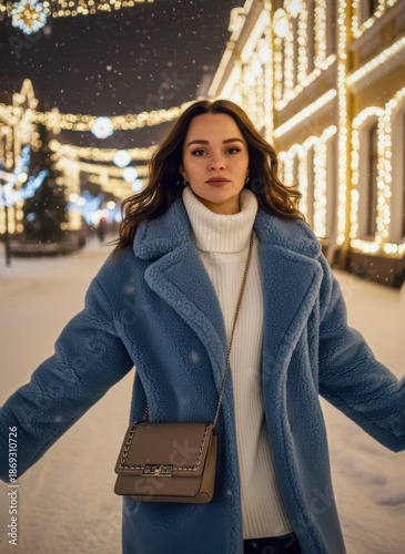 Young woman enjoying winter magic in snowy street with Christmas lights