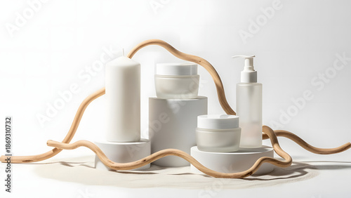 Cosmetic Product Display with Neutral Elements for Skincare Promotion