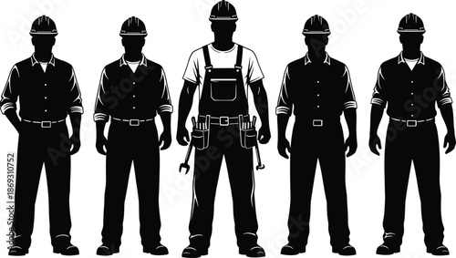 Construction worker silhouette set showing professional builders wearing safety helmets and work uniforms standing together isolated on white background vector illustration