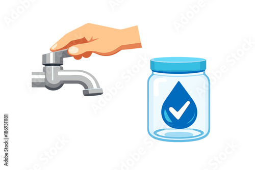 Hand turning on faucet collecting water in a jar with a checkmark