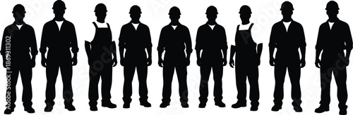 Industrial worker silhouette group showing factory laborers standing together in uniforms and safety helmets isolated on white background vector illustration