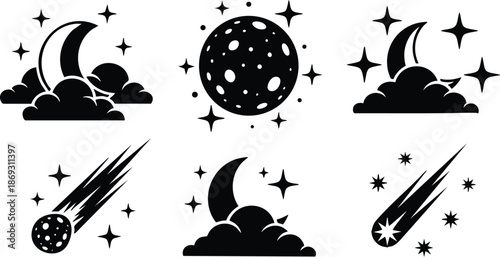 Minimalist black and white vector icons set featuring crescent moon with clouds shooting stars and full moon surrounded by shining stars simple flat design celestial elements collection
