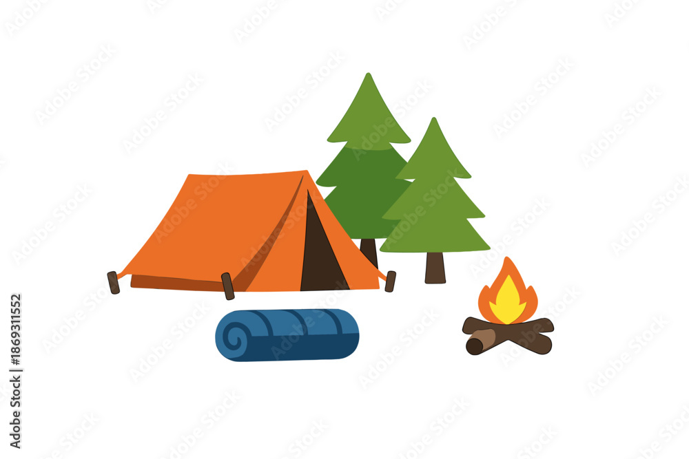 Fototapeta premium Cartoon Camping Scene with Tent, Campfire, and Trees