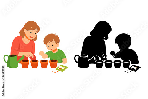 Mother and son planting seeds together