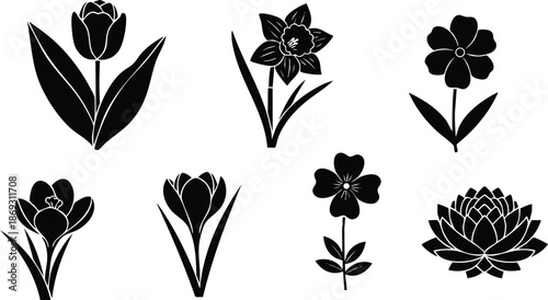 Simple black silhouette icons of various flower types including tulip daffodil crocus crocus crocus lotus and other floral designs in flat vector style isolated on white background