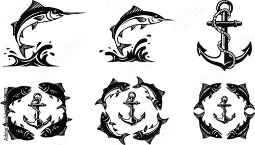 Black and white vintage style vector designs of jumping marlin fish with ocean waves and marine anchor surrounded by school of fish in circular pattern isolated on white background