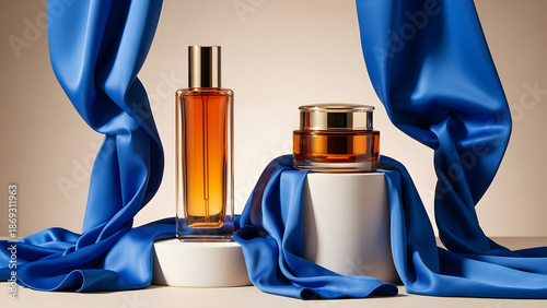 Cosmetic Product Display with Blue Fabric and Elegant Lighting