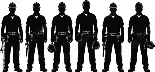 Construction worker silhouette group showing builders holding tools and helmets standing in uniform isolated on white background vector illustration