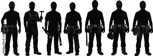 Construction worker silhouette group showing professional builders holding tools and safety helmets standing together isolated on white background vector illustration