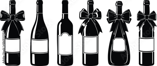 Black and white vector art of six wine bottles with blank labels and decorative bows close up front view isolated on white background elegant festive alcohol design