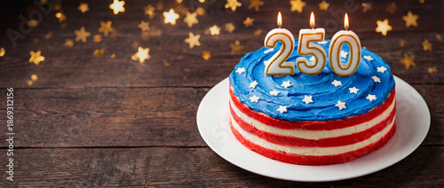 4th July 250 anniversary festive American flag cake with candles under glowing golden stars confetti on wood surface background, copy space. Semiquincentennial