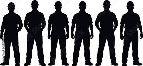 Construction worker silhouette group showing six builders standing in different poses wearing safety helmets isolated on white background vector illustration