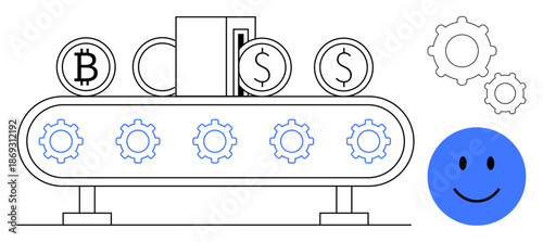 Currency conversion concept. Bitcoin and dollar symbols on a conveyor belt with gears automation. Currency conversion streamlined through digital processes. For finance, fintech, blockchain, online