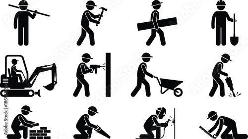 Construction worker silhouette icon set showing builders using tools, machinery and performing different labor tasks isolated on white background