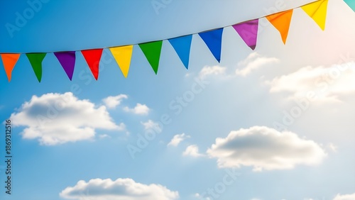 Colorful Triangle Bunting Flags Against Blue Sky
