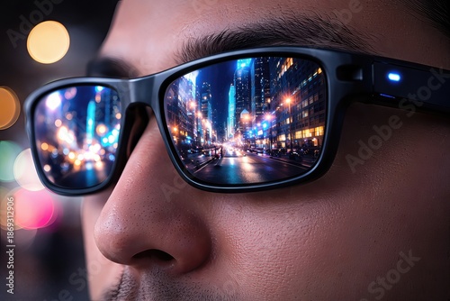 Reflective lenses showcasing vibrant cityscape filled with lights and motion illustrating urban lifestyle and dynamic energy in a modern metropolis
