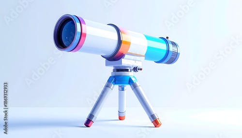 A colorful, cartoon-styled telescope on a tripod, angled slightly