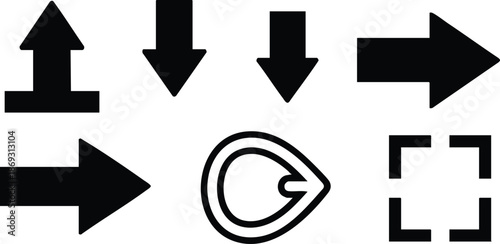 Black solid arrow icons including upward downward rightward arrow and abstract arrowhead with focus frame vector illustration on white background