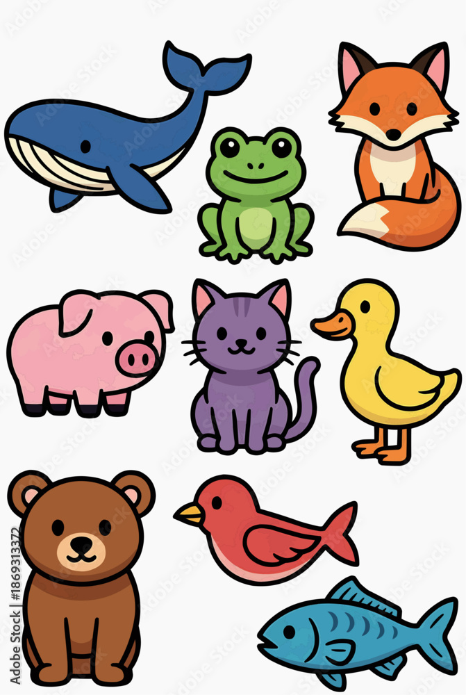 Obraz premium Cute Animal Cartoon Vector Icon Set
