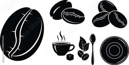 Black silhouette coffee bean close up with steaming cup spoon sugar cube plate and coffee leaf vector art set in minimalist style isolated on white background