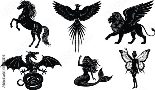 Black silhouette set of mythical creatures including rearing horse pegasus phoenix with spread wings roaring dragon curled snake fairy with butterfly wings and waving mermaid vector art