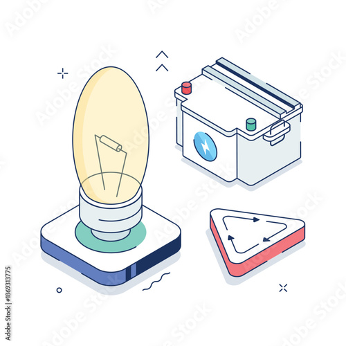 A creative isometric illustration representing energy recycling and power reuse