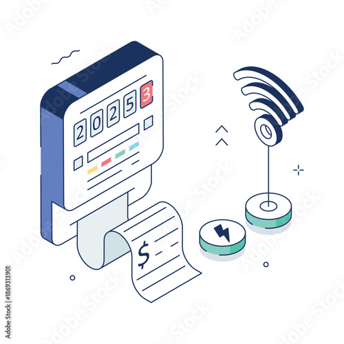 A professional isometric illustration showing electricity meter bill and usage