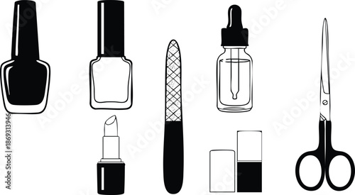 Black and white minimalist vector art of cosmetic bottles nail polish lipstick dropper bottle nail file and scissors in simple line style isolated on white background