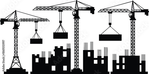 Black and white vector art of construction site with three tower cranes lifting heavy concrete blocks over buildings under construction in industrial zone urban development