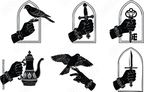 Black and white medieval style vector art showing a hand holding a bird sword key coffee pot and dagger with gothic window frame silhouette detailed illustration