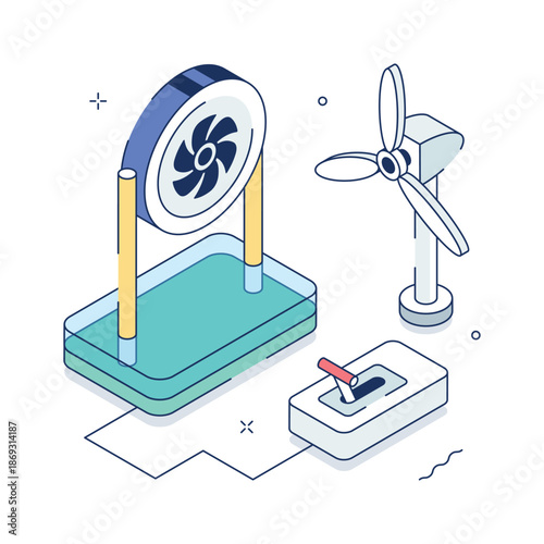 An isometric illustration of water turbine for hydropower generation