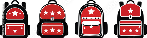 Bold black simple red school backpack with stars icon illustration cheerful learning concept student graphic