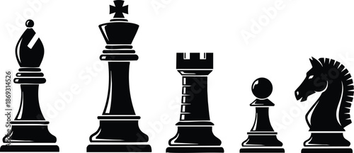 Black silhouette chess pieces bishop king rook pawn and knight isolated on white background in flat vector style with clear shapes and sharp edges for strategic game concept