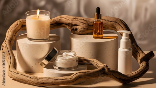 Cosmetic Product Display with Candle and Natural Elements