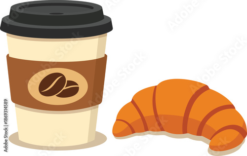 Paper coffee cup with a plastic lid. Coffee to go. Coffe with a croissant.  Flat graphic for cafe, shop concepts. Tasty breakfast. Vector illustration in flat style.