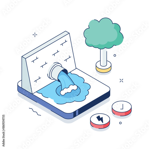 A premium isometric illustration depicting hydropower electricity generation system
