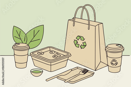  Eco-friendly packaging, biodegradable containers, recycling symbols, paper coffee cups, wooden utensils, kraft paper bag, cardboard food containers, green blurred background, sustainable products, 
