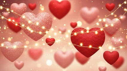 Romantic Valentine's Day background with sparkling hearts and fairy lights