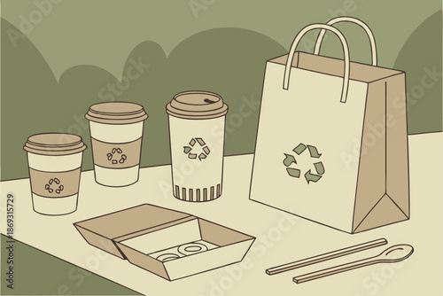  Eco-friendly packaging, biodegradable containers, recycling symbols, paper coffee cups, wooden utensils, kraft paper bag, cardboard food containers, green blurred background, sustainable products, 