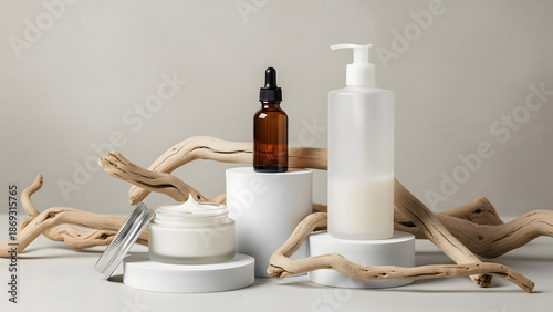Cosmetic Skincare Products Displayed on White Stands with Driftwood